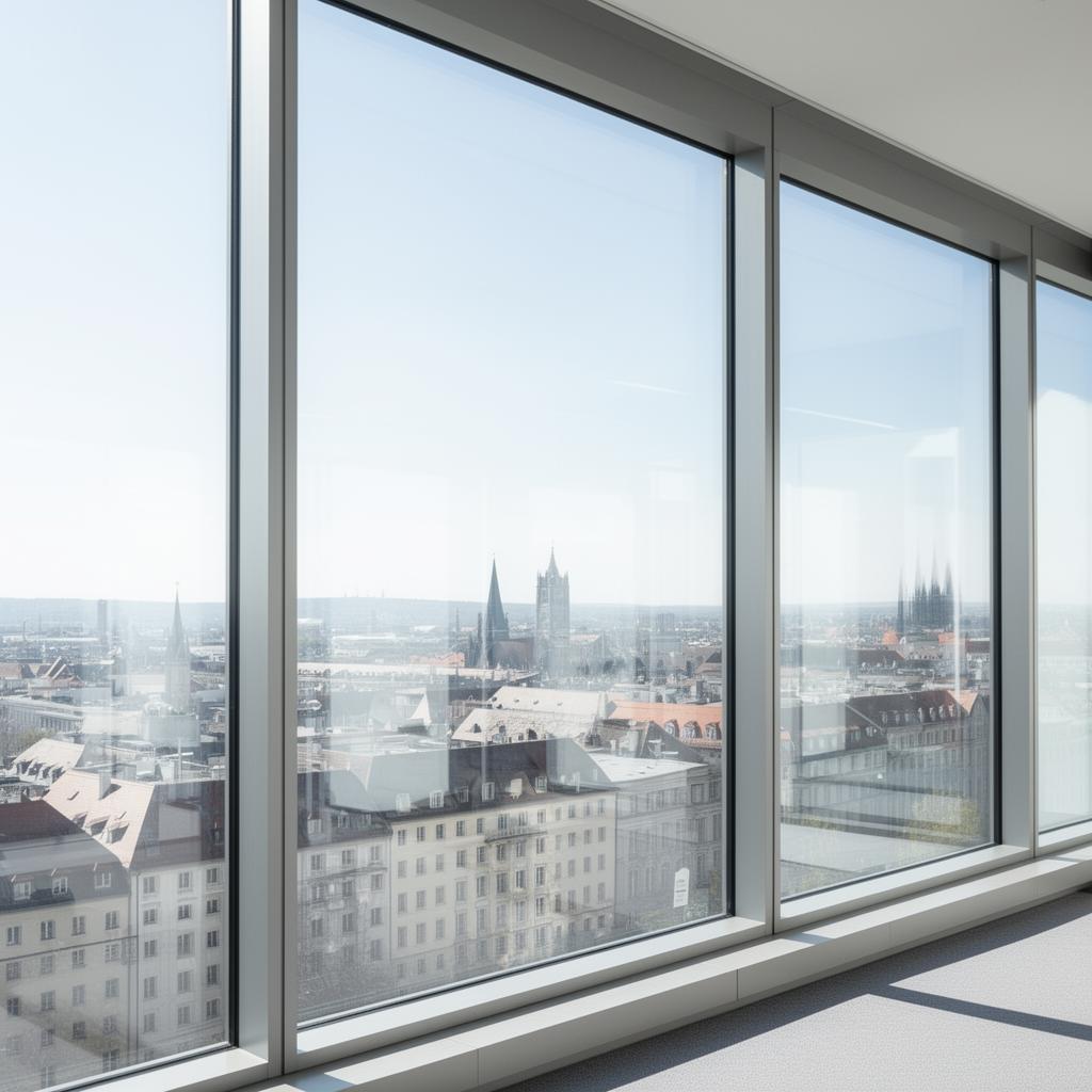 Streifenfrei gereinigte Glasfassade mit Blick über München – professionelle Fensterreinigung